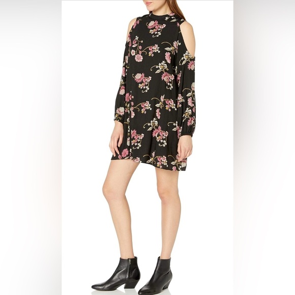 ANGIE Black with pink Floral Cold Shoulder Dress Open Back Bohemian Fall - Picture 1 of 15